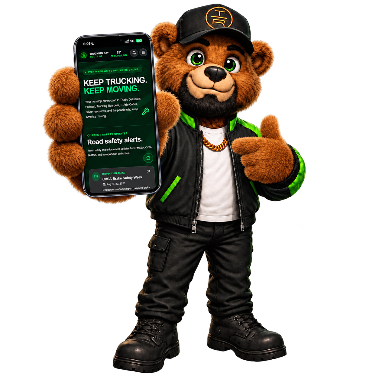 Trucka Bear holding the Trucking Ray Nonstop app